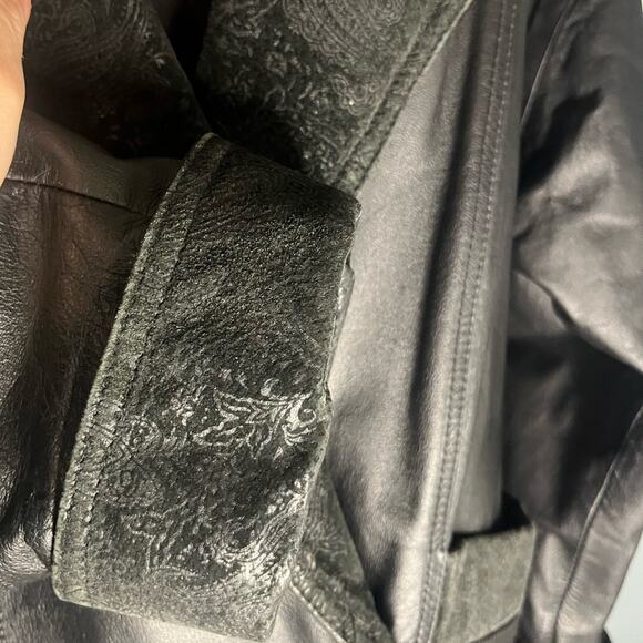 Vtg Leather Double Breasted Brocade Trim Drop Waist Oversized Midi Coat Women SP - Picture 9 of 10